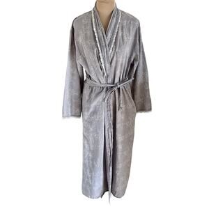 Eileen West Grey Floral Cotton Lace Trim Wrap Robe S/M